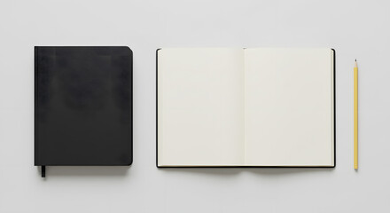 Minimalist Black Notebook with Pencil – Open Blank Journal for Writing and Creativity