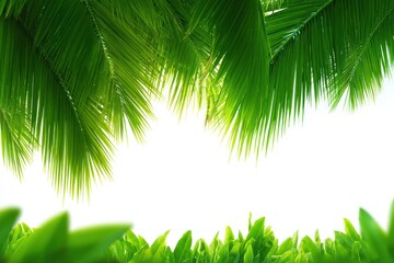 Fototapeta premium Vibrant green palm fronds and foliage frame a bright, sunny white space, creating a tropical and lush border effect
