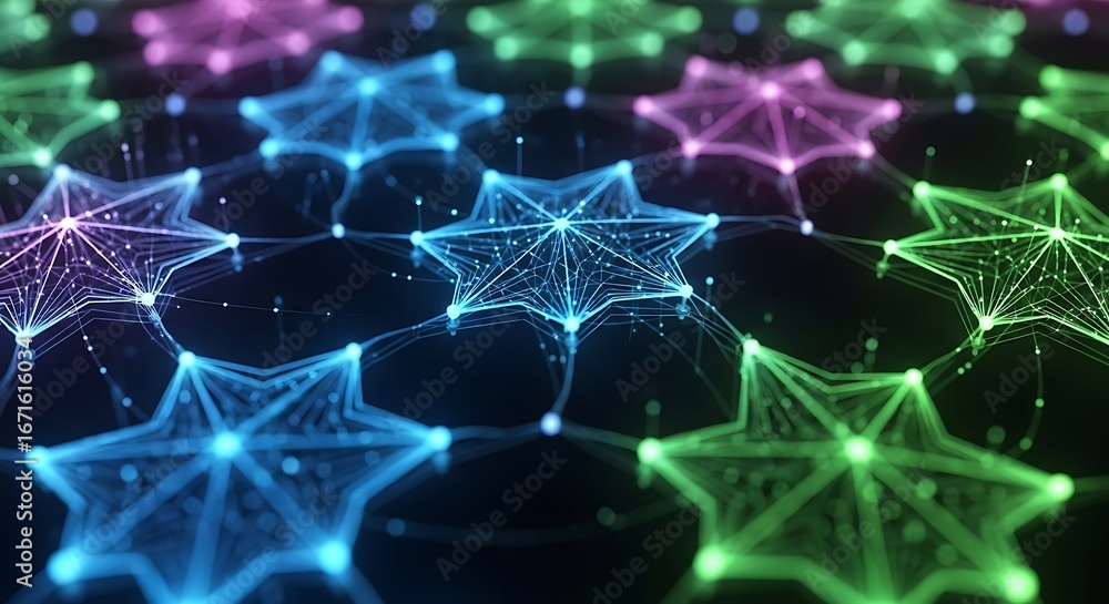 Poster abstract digital network of glowing star shapes with interconnected data connections