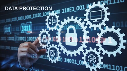 Data security concept with gears, padlock, and digital information display