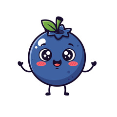 Cute Blueberry Cartoon Character with Smiling Face and Green Leaf