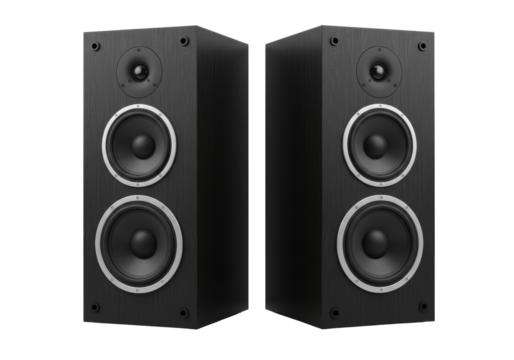 Isolated pair of wooden loudspeakers, home audio system for listening to music at home