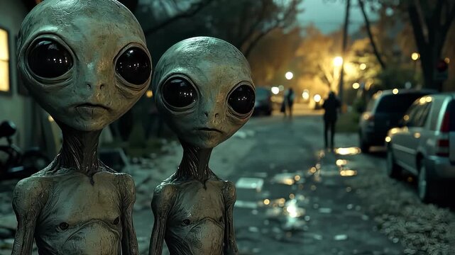 Two aliens stand on a dark street illuminated by distant lights, as a figure walks away in the background. Tension builds as they observe their surroundings, suggesting an otherworldly event