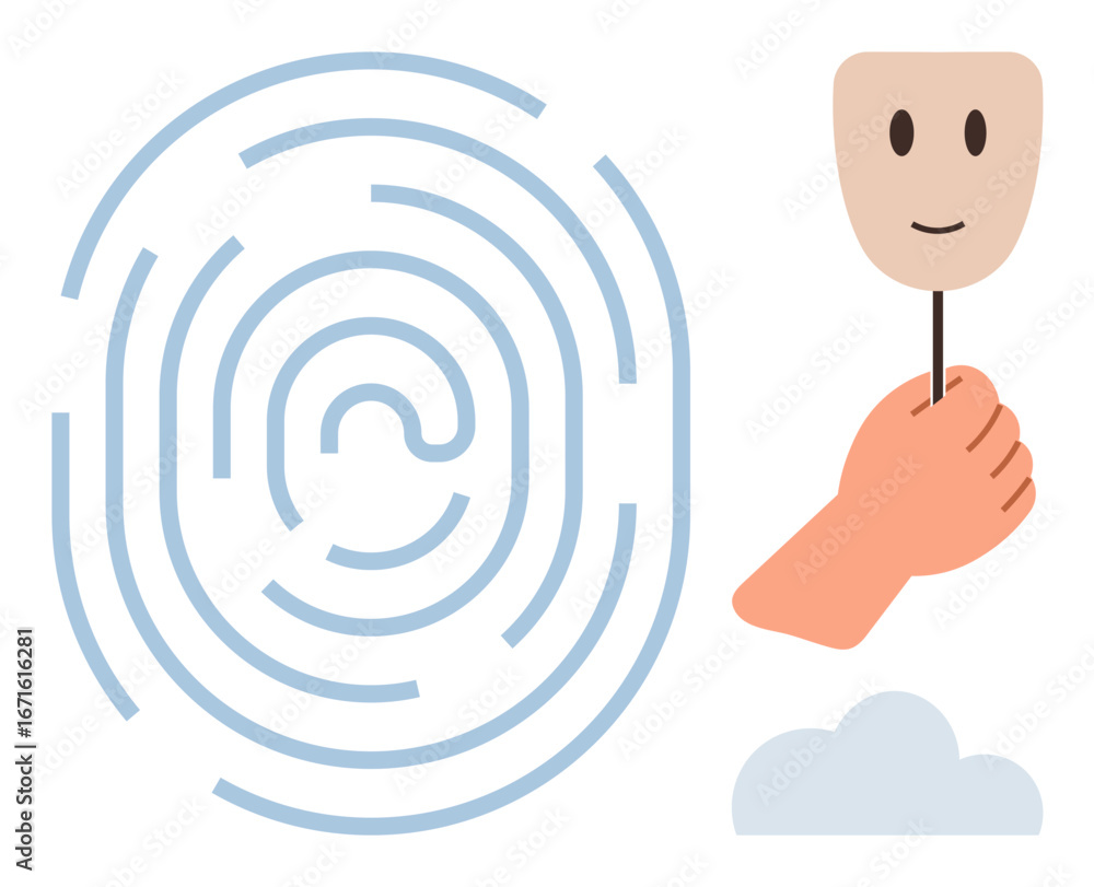 Aufkleber hand holding a smiling mask next to a labyrinth-shaped fingerprint and a cloud. ideal for identity, 