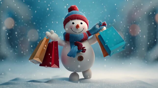 Funny snowman running with Christmas gifts, winter holiday shopping concept animation