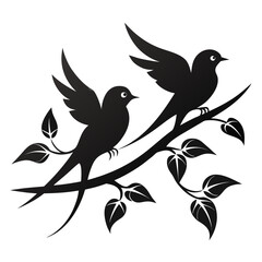 Elegant Black Silhouette Birds on Branch, Spring Nature Design