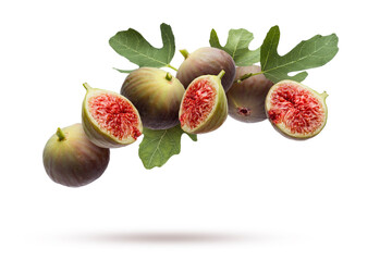 Fresh ripe figs whole and sliced with leaves floating on white background.