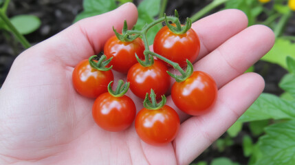 A handful of cherry tomatoes picked straight from the vine, resting in the palm of a farmer