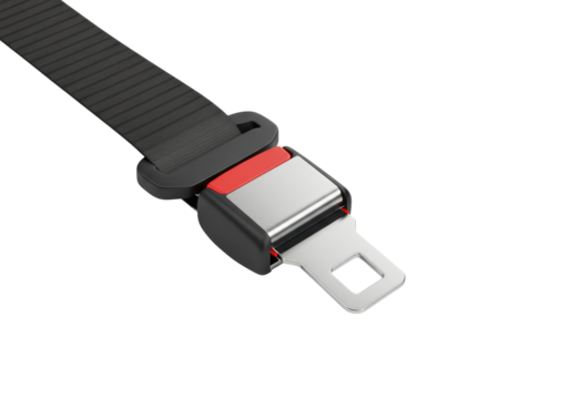 Isolated car seatbelt buckle connected to fabric seat belt strap for driver safety use