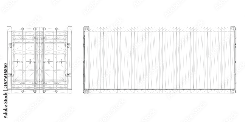 Poster shipping container set wireframe drawing with front and side views, detailed structure, components, 