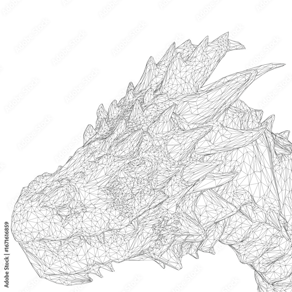 Poster dragon head wireframe illustration with intricate lines and realistic details, creating a detailed a
