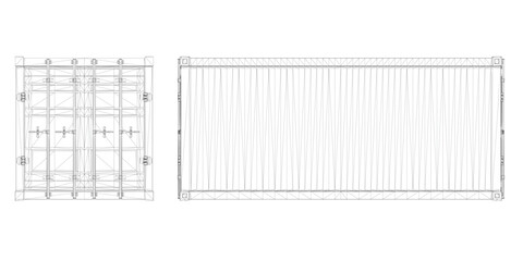 Shipping container set wireframe drawing with front and side views, detailed structure, components, and technical specifications.