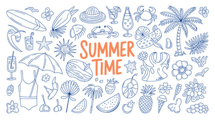Fototapeta premium Summer vacation doodle illustration set. Beach and sea travel elements. Hand drawn palm tree, fruit, lobster, seafood, shell, bikini, cocktail. Coastal collection for card, prints, wedding invitation.