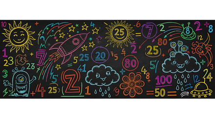 Vibrant scratch art collage featuring colorful drawings of sun numbers clouds astronaut and musical notes on black background