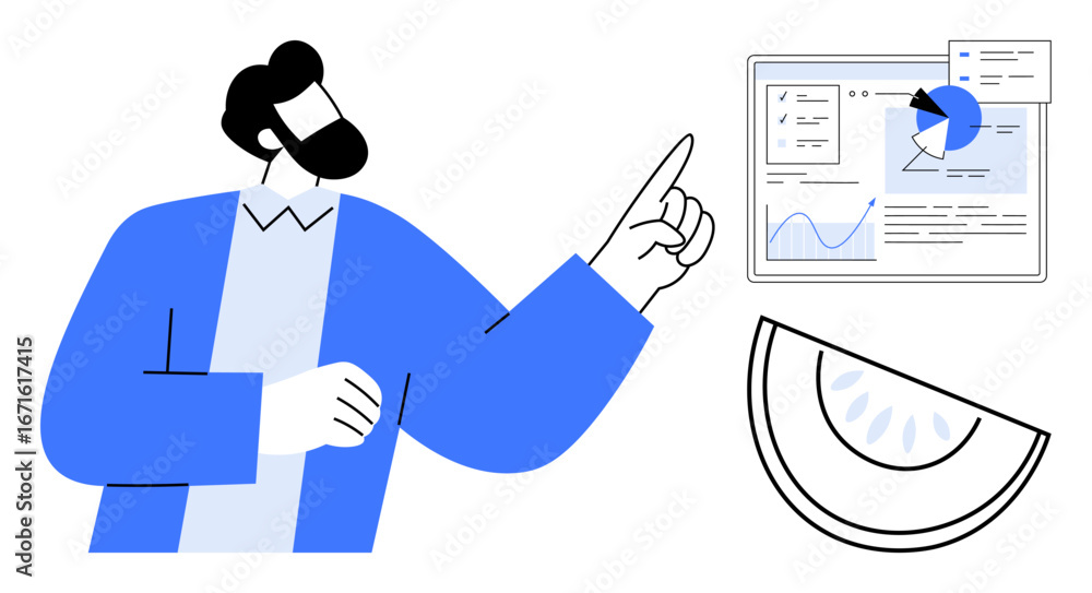 Poster man pointing at analytical dashboard displaying pie chart, metrics, and graphs. visual includes abst
