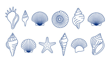 Set of hand drawn seashells drawing ink. Minimalist line art. Summer vacation design elements for trendy prints, label, menu cover. Tropical beach shells. Vector flat illustration.