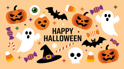 Fototapeta premium Halloween icon geometric set. Cute ghost, hat, bat, candy, pumpkins, mushrooms, skull. Flat autumn holiday stickers. Perfect for greeting card, party invitation, poster. Vector trendy illustration.