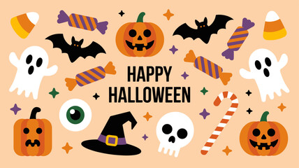 Obraz premium Halloween icon geometric set. Cute ghost, hat, bat, candy, pumpkins, mushrooms, skull. Flat autumn holiday stickers. Perfect for greeting card, party invitation, poster. Vector trendy illustration.