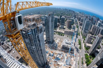 Obraz premium Fisheye aerial view of a bustling city with construction cranes and skyscrapers