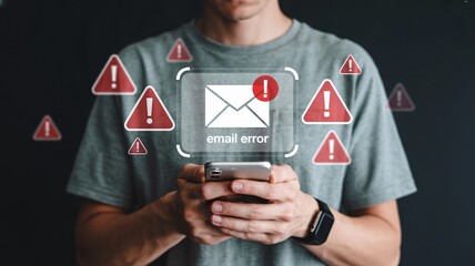 Man experiencing email error on phone, digital concept of security breach