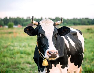 Close-up of a black and white cow with a gold bell, grazing peacefully in a grassy field.