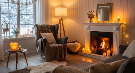 Fototapeta premium Cozy Fireplace Living Room Interior.
