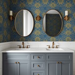 The bathroom features a blue and yellow pattern wallpaper, bronze mirrors, gold faucets, grey cabinet, and subway tile backsplash.