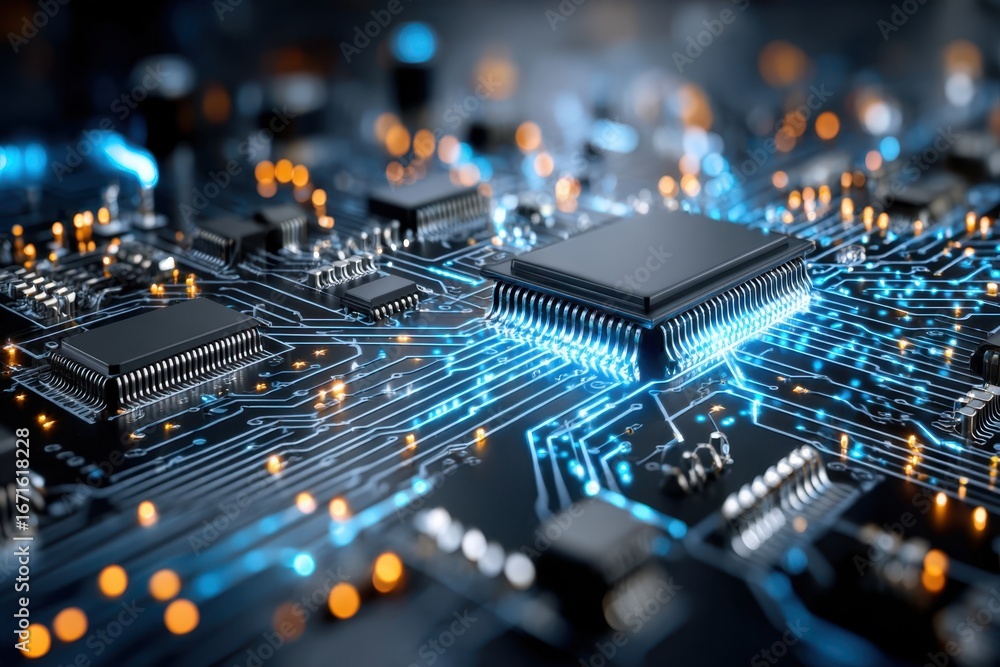 Aufkleber closeup of a circuit board with glowing connections and a central processing unit