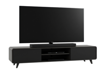 Isolated media console with television and soundbar for modern living room decor idea