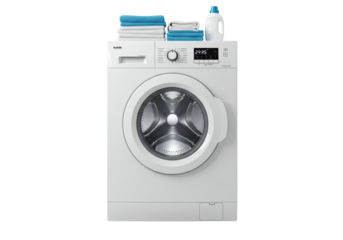 Isolated modern washing machine with laundry detergent and towels, clean household appliance