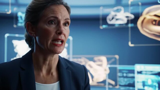 Portrait of middle aged woman speaking during presentation in futuristic environment