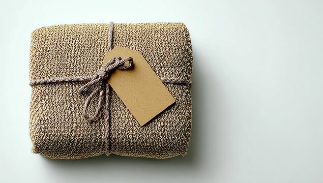 Textured package tied with string and a blank tag on white