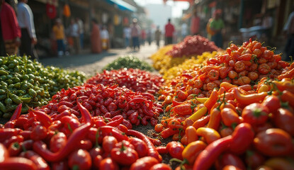 Colorful display of fresh chili peppers in a bustling market in Mexico capturing vibrant local culture and flavors 
