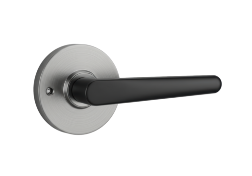 Isolated Modern Door Lever Handle with Matte Black Grip on Satin Nickel Round Rosette