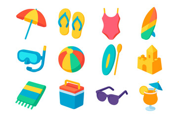Summer beach essentials: vibrant flat design icons for fun and adventure