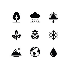 Nature elements icons set representing seasons climate earth environment and weather conditions