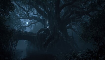A misty, moonlit scene portrays a large, ancient tree spanning a rustic bridge over a dark river.