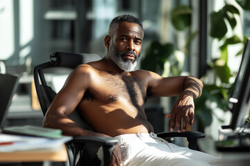 Very attractive middle aged African American businessman shirtless in office space