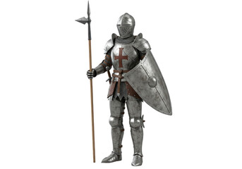 Isolated Crusader knight holding halberd and shield stands ready for battle medieval warrior