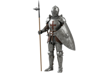 Isolated Crusader knight holding halberd and shield stands ready for battle medieval warrior