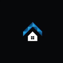 Modern house logo design with a geometric blue roof and white home icon, symbolizing real estate, construction, architecture, and professional property services.