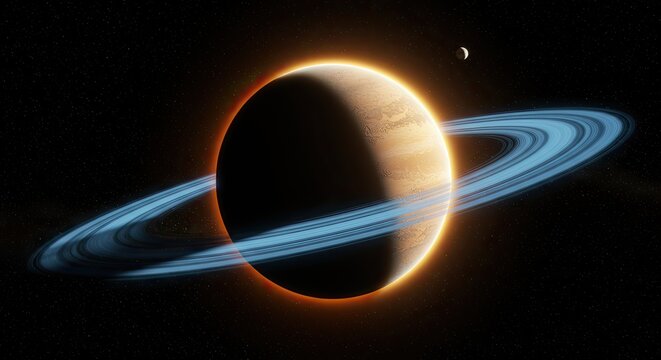 Glowing ringed planet in the vastness of space - Powered by Adobe