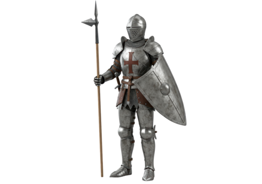 Isolated Crusader knight holding halberd and shield stands ready for battle medieval warrior