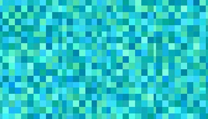 Fototapeta premium A vibrant, pixelated design featuring a multitude of interlocked squares in varying shades of teal and turquoise, creating a mesmerizing visual pattern.