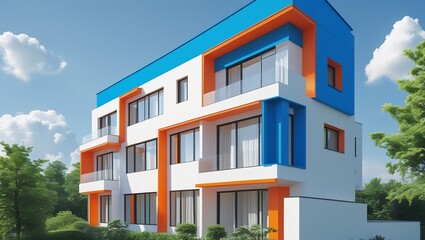 Obraz premium Modern luxury home with wave-inspired architecture, vibrant colors, glass balconies, tropical garden, and poolside lounge in sunny climate.