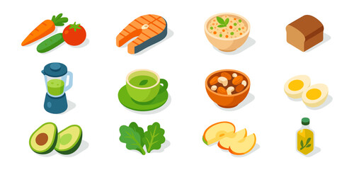 Colorful isometric healthy food icons featuring fresh vegetables, protein sources, and beverages