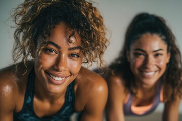 Two women in sportswear, sweating and smiling, likely after exercise, embodying fitness and positivity.
