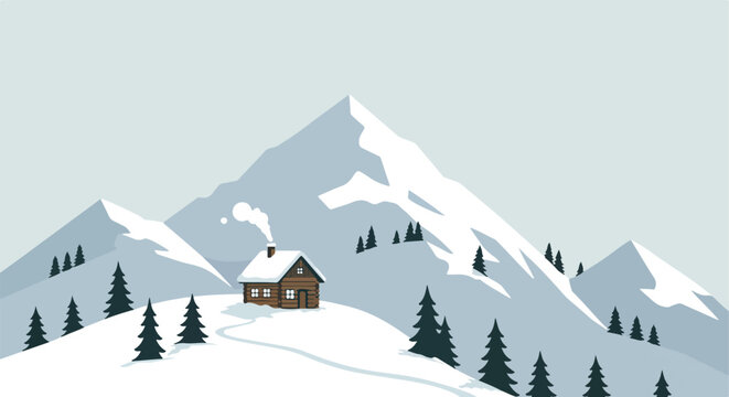 Cabin Retreating Snowy Mountainside Scene