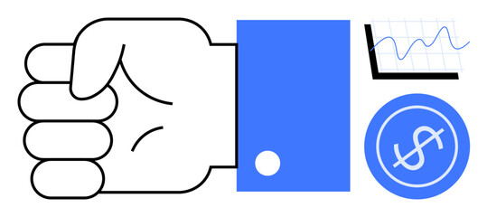 Closed fist with blue sleeve, rising financial graph, and dollar icon representing control, finance, success, strategy, leadership, economic growth and determination. Ideal for simple flat metaphor
