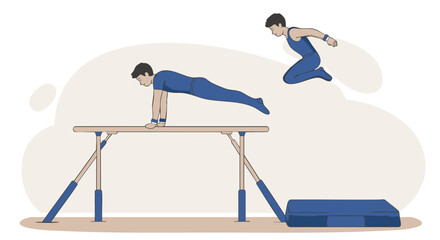 Gymnast performs a dynamic vault over a pommel horse, showcasing athletic skill and agility in a competitive sports event